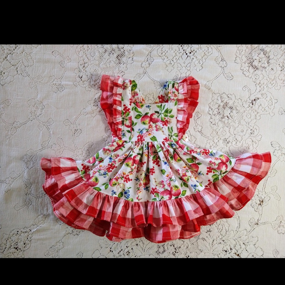 Red and White Floral/Apple Ruffle Dress